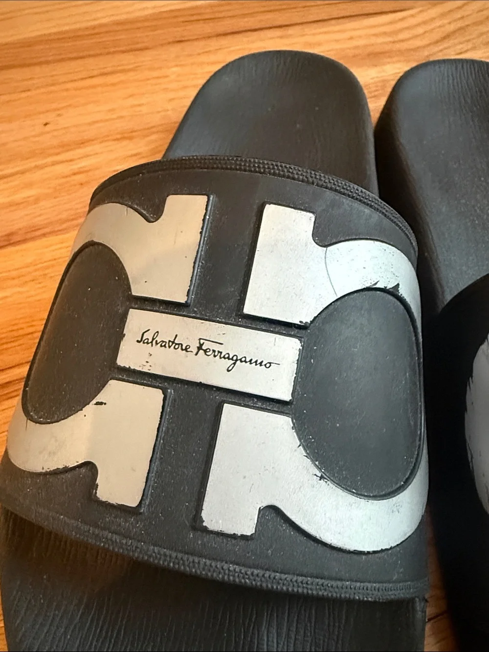 Pre-Loved Salvatore Ferragamo Black Slides with Silver Logo Accent